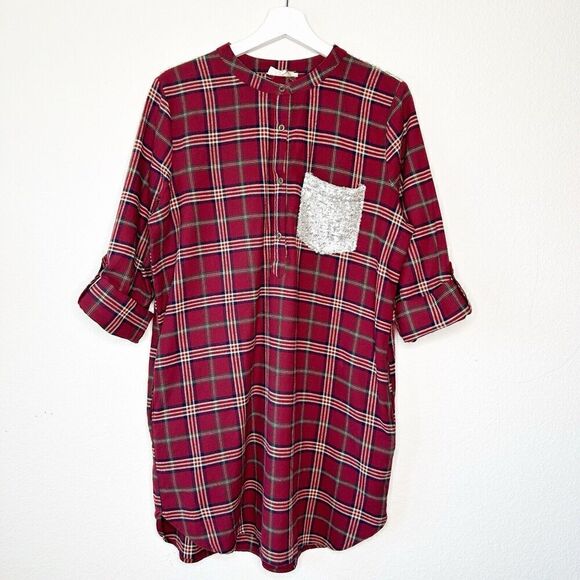 Entro Plaid Red Flannel Pocketed Roll Tab Sleeve Tunic with Sequin Trim L - Picture 3 of 12